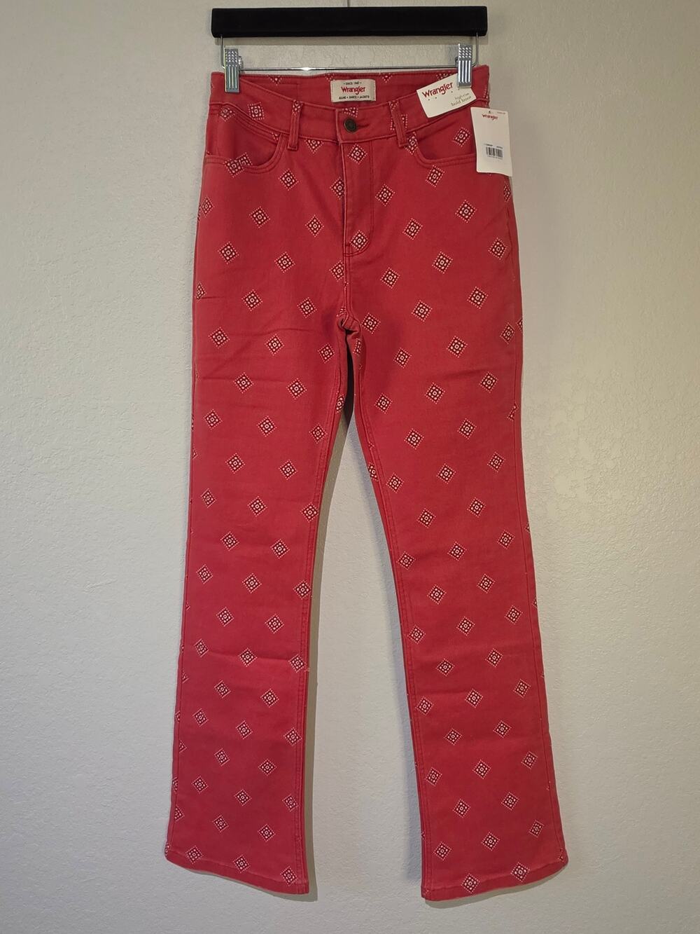 Wrangler High-Rise Bold Boot Jean Red Diamond Bay Print Sz 4/27x32 NWT